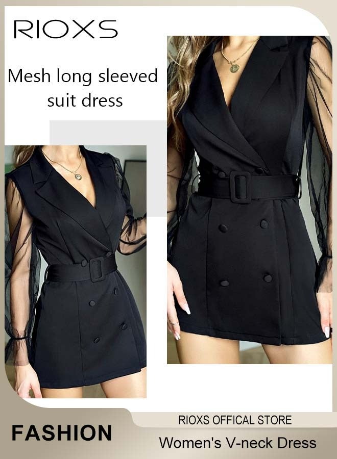 RIOXS Women's Double-breasted Formal Dress with Mesh Puff Sleeves and Belt, Long Sleeve Formal Blazer Dress, Fashionable A-line Dress with Elegant Chic Style, Suitable for All Daily Wear and Formal Occasions  - Image 2