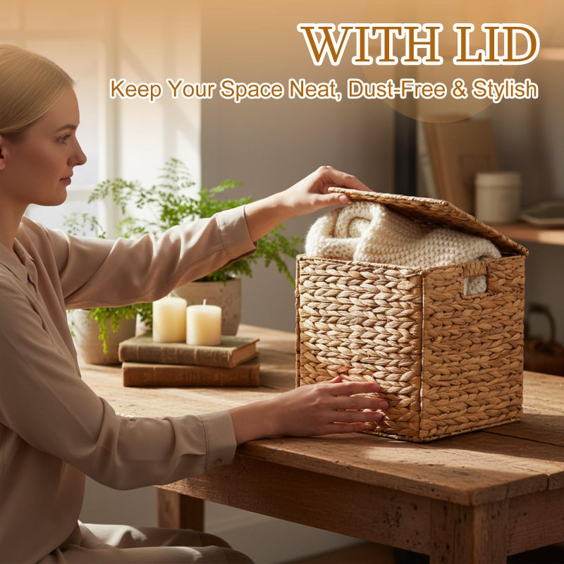Jinei 6 Pcs Wicker Storage Basket Bulk 12 x 12 x 12 Inch Handwoven Water Hyacinth Cube Bin with Handles Woven Laundry for Organizer Shelves Wood Color - Image 4