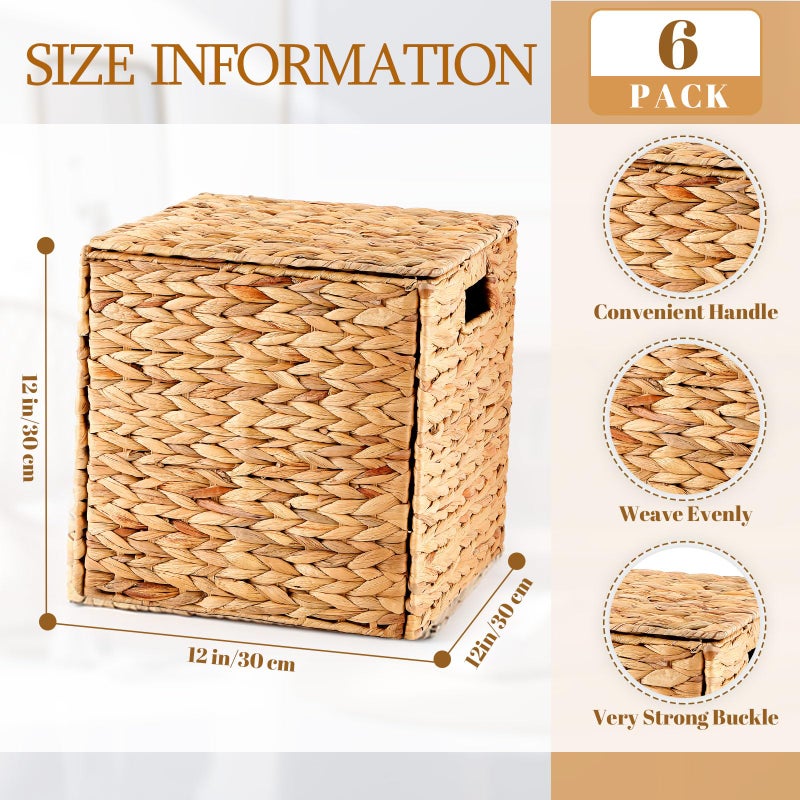 Jinei 6 Pcs Wicker Storage Basket Bulk 12 x 12 x 12 Inch Handwoven Water Hyacinth Cube Bin with Handles Woven Laundry for Organizer Shelves Wood Color - Image 2