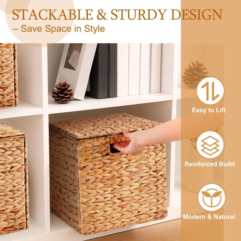Jinei 6 Pcs Wicker Storage Basket Bulk 12 x 12 x 12 Inch Handwoven Water Hyacinth Cube Bin with Handles Woven Laundry for Organizer Shelves Wood Color - Image 3