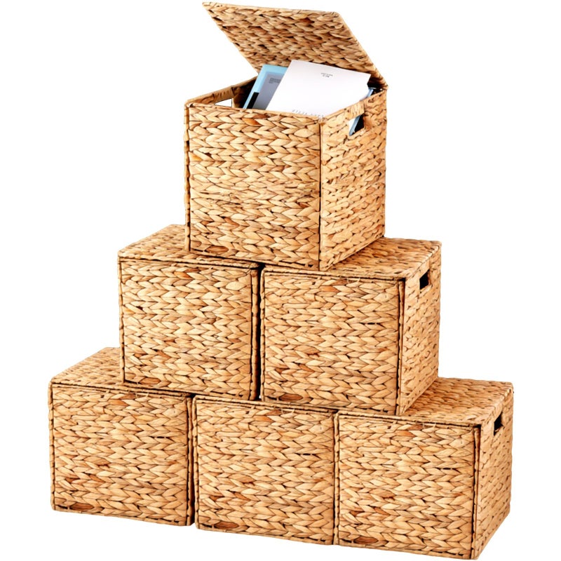 Jinei 6 Pcs Wicker Storage Basket Bulk 12 x 12 x 12 Inch Handwoven Water Hyacinth Cube Bin with Handles Woven Laundry for Organizer Shelves Wood Color - Image 1