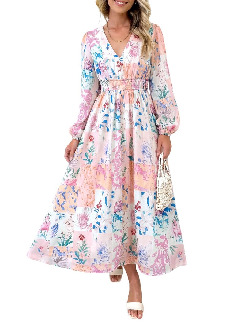 Maxigerui Women's Long Sleeve Floral Maxi Dress 2026 Spring Summer Wedding Guest Dress Pink Blue Pastel Floral L - Image 1