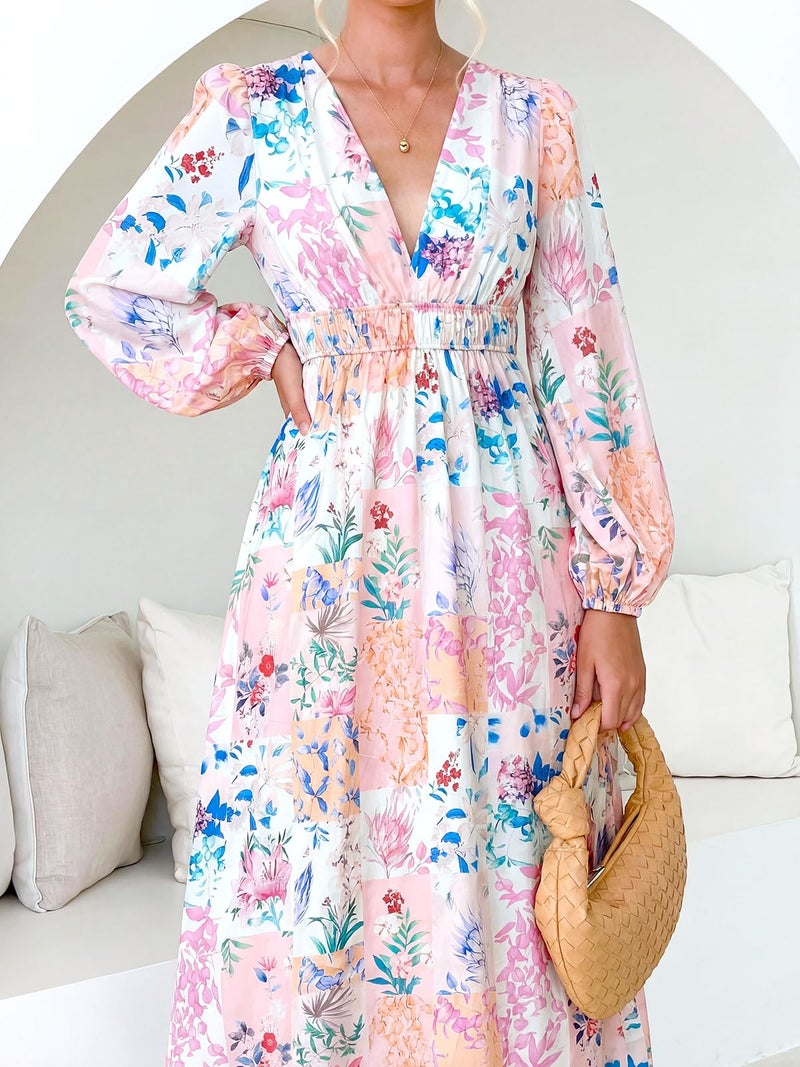 Maxigerui Women's Long Sleeve Floral Maxi Dress 2026 Spring Summer Wedding Guest Dress Pink Blue Pastel Floral L - Image 2