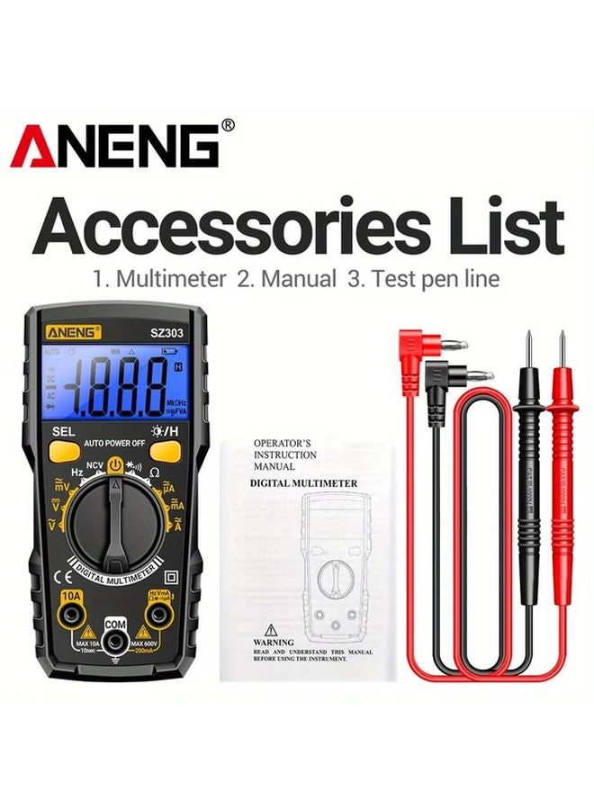 ANENG SZ303 Black Digital Multimeter 1999 Counts AC DC Voltage Current Resistance Tester - Image 1
