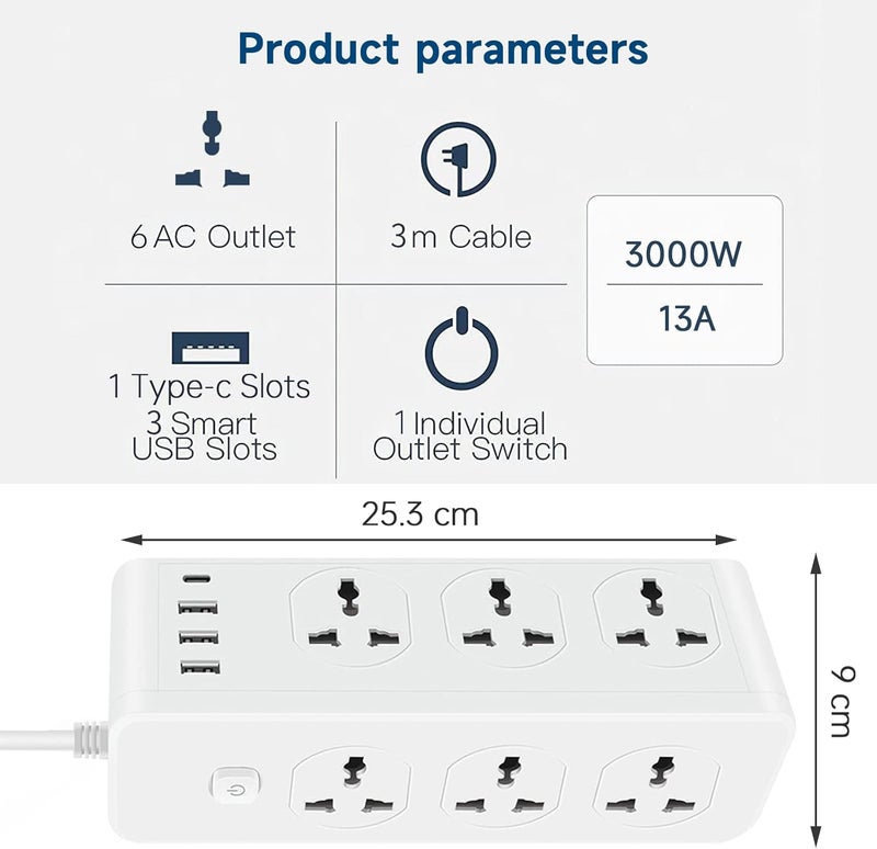 Maykela 6 Outlets Extension Cord Universal Power Strips with Surge Protector Extension Lead Outlets Plug Adapter With USB Slots+Type C Outlets,3M Wall Plug Adapter with Socket Multi Plug White - Image 2