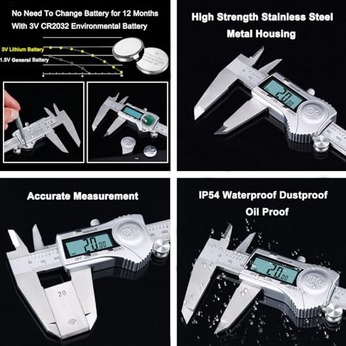 Kynup Digital Caliper, 8 Inch Caliper Measuring Tool with Stainless Steel, IP54 Splash Proof Protection Design, Easy Switch from Inch Metric Fraction, Large LCD Screen (200mm) - Image 3