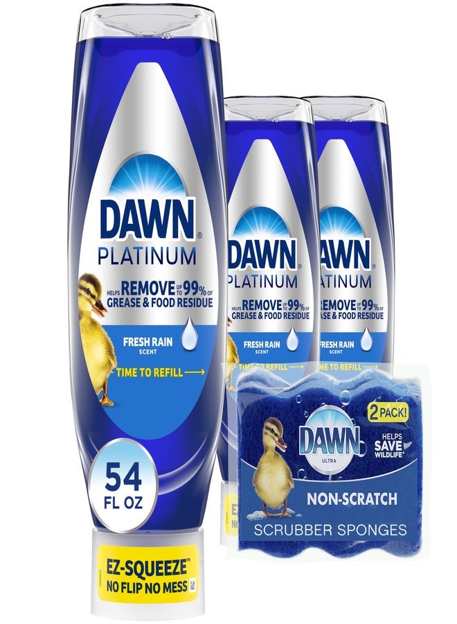 Dawn Dish Soap Squeeze Bottle, EZ-Squeeze Platinum Dish Soap Liquid+Non-Scratch Sponges for Dishes, Fresh Rain, Includes 3x18oz Bottles+2 Sponges - Image 1
