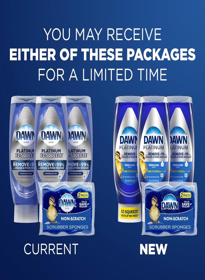 Dawn Dish Soap Squeeze Bottle, EZ-Squeeze Platinum Dish Soap Liquid+Non-Scratch Sponges for Dishes, Fresh Rain, Includes 3x18oz Bottles+2 Sponges - Image 2