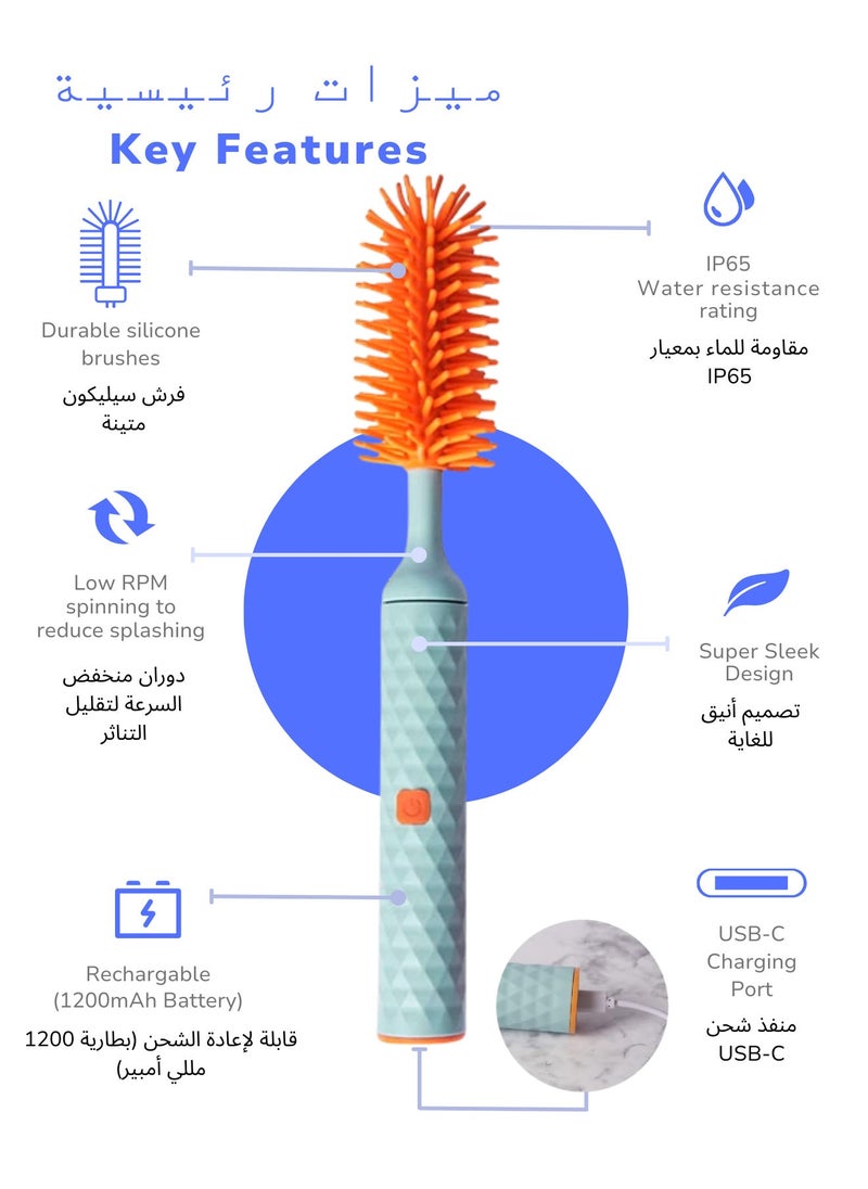 LuneEnfant Electric Baby Bottle Brush Set Blue | Baby Bottle-Feeding Supplies | New Born Baby Items | Food-Grade BPA-Free Material, Waterproof | 2 Adjustable Speeds, 1200 mAh Battery  - Image 4