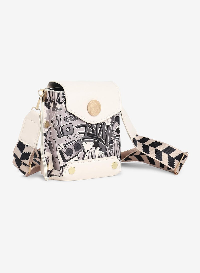 Haute Sauce Women's White Printed Vegan Leather Sling Bag  - Image 5