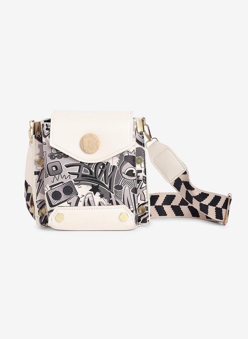 Haute Sauce Women's White Printed Vegan Leather Sling Bag  - Image 4
