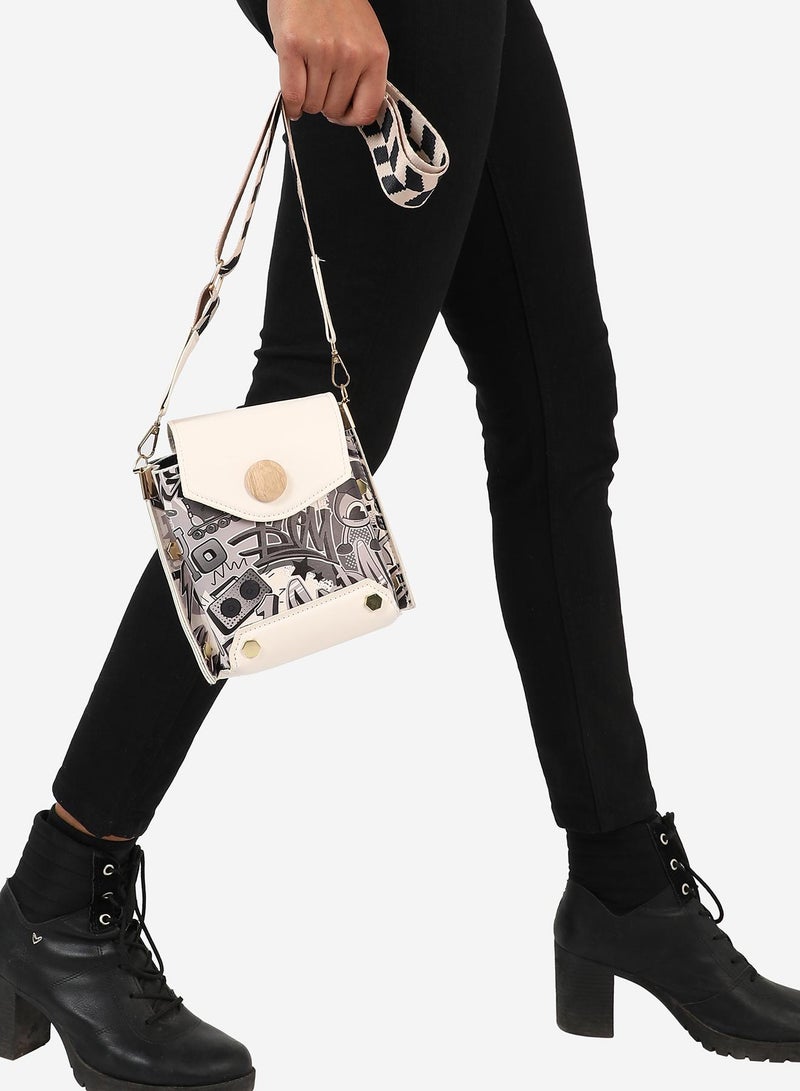 Haute Sauce Women's White Printed Vegan Leather Sling Bag  - Image 3