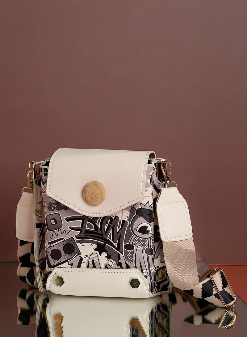 Haute Sauce Women's White Printed Vegan Leather Sling Bag