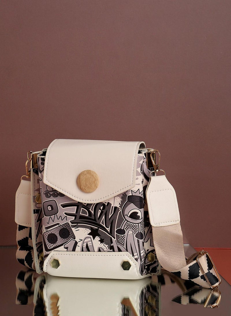 Haute Sauce Women's White Printed Vegan Leather Sling Bag  - Image 1