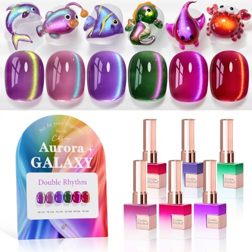 Double Rhythm Cat Eye Gel Nail Polish Set of 6 Same Color Same Bottle 05 Oz Shimmer Glitter with Magnet Holographic Reflective Magnetic UV Nail Polish Kit at Home Aurora Galaxy BurgundyT658 - Image 1