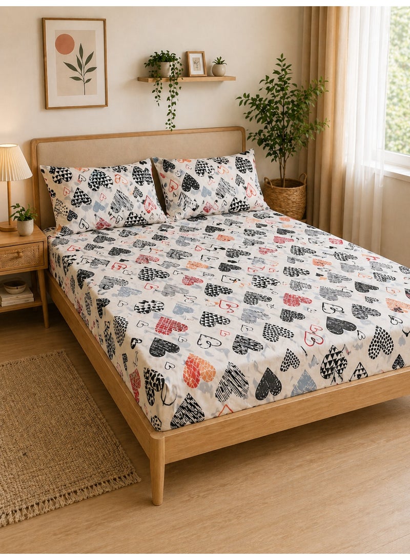 Eworld 3-Piece Fitted Bedsheet Set, Geometric Heart Pattern, 100% Cotton, 125 GSM, 1 Fitted Sheet + 2 Pillowcases – Available in King, Queen and Single Sizes - Image 1