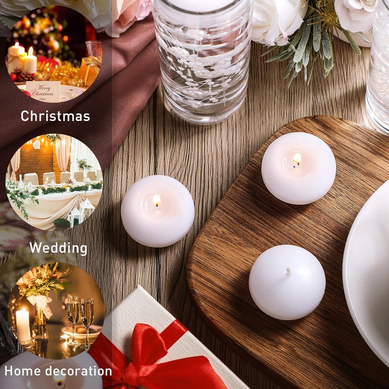Nuanchu 12 Pieces 1.65 Inch Floating Candles for Wedding Centerpiece, Small Unscented Floating Candles Round Tea Lights Candles Metallic Smooth Wax Floating Disc Candles for Dinner Home Decor (White) - Image 3