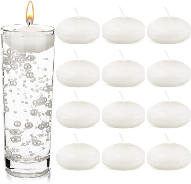 Nuanchu 12 Pieces 1.65 Inch Floating Candles for Wedding Centerpiece, Small Unscented Floating Candles Round Tea Lights Candles Metallic Smooth Wax Floating Disc Candles for Dinner Home Decor (White) - Image 1