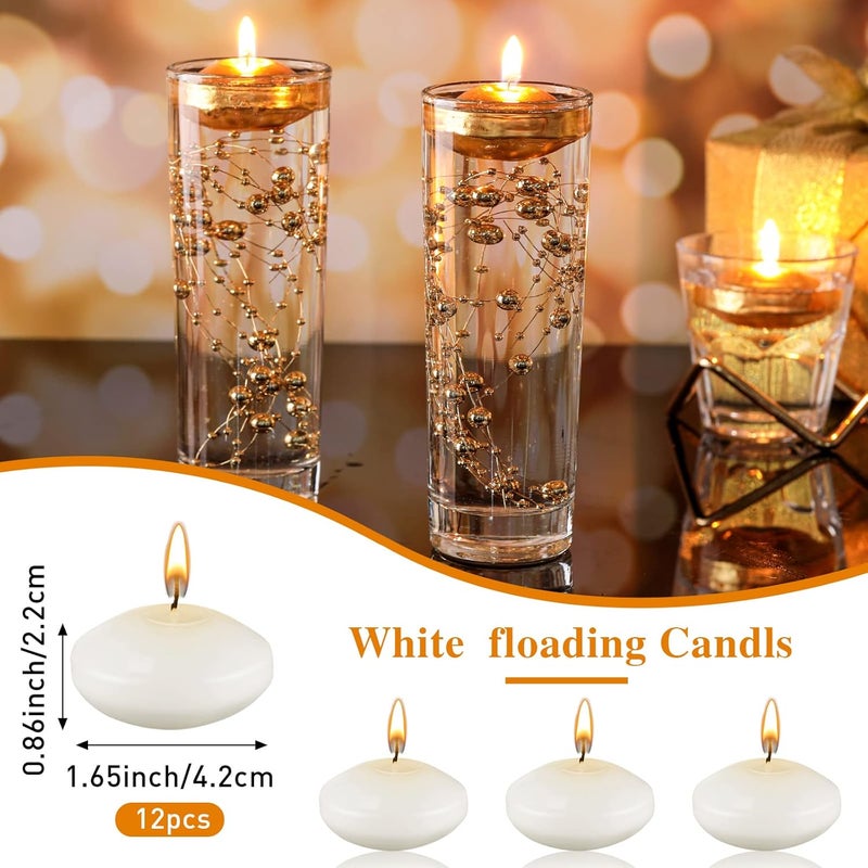 Nuanchu 12 Pieces 1.65 Inch Floating Candles for Wedding Centerpiece, Small Unscented Floating Candles Round Tea Lights Candles Metallic Smooth Wax Floating Disc Candles for Dinner Home Decor (White) - Image 2