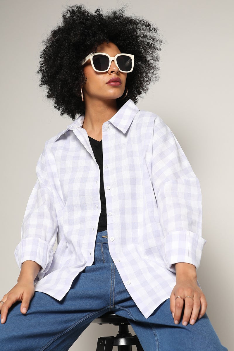Campus Sutra Women's Lavender Tartan Plaid Boxy Shirt  - Image 1