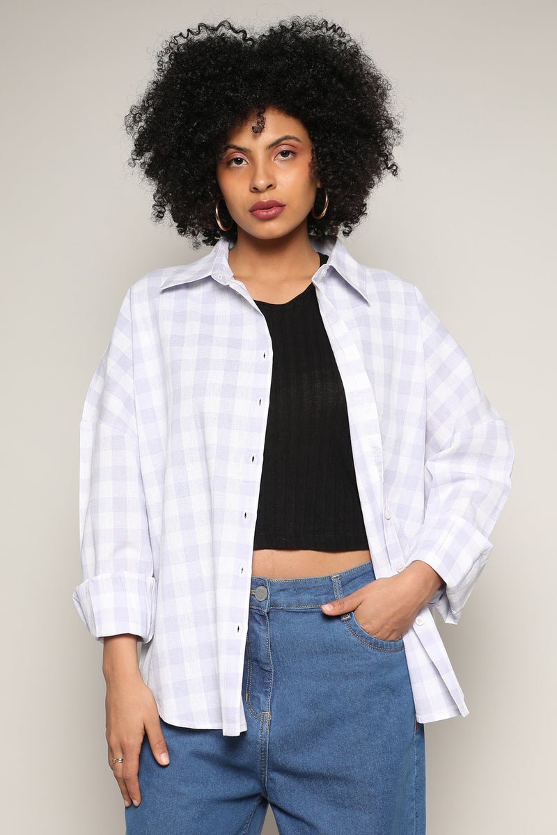 Campus Sutra Women's Lavender Tartan Plaid Boxy Shirt  - Image 2