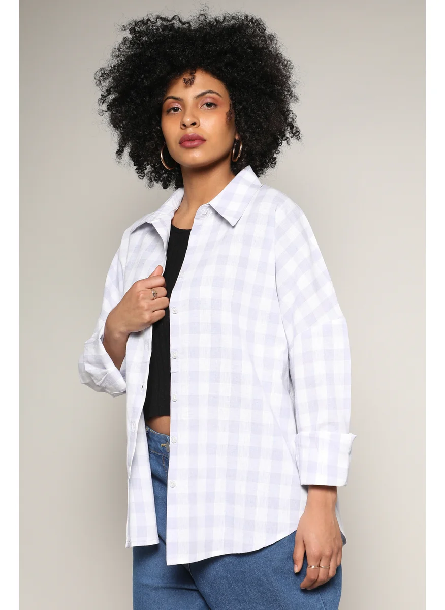 كامبوس سوترا Women's Lavender Tartan Plaid Boxy Shirt