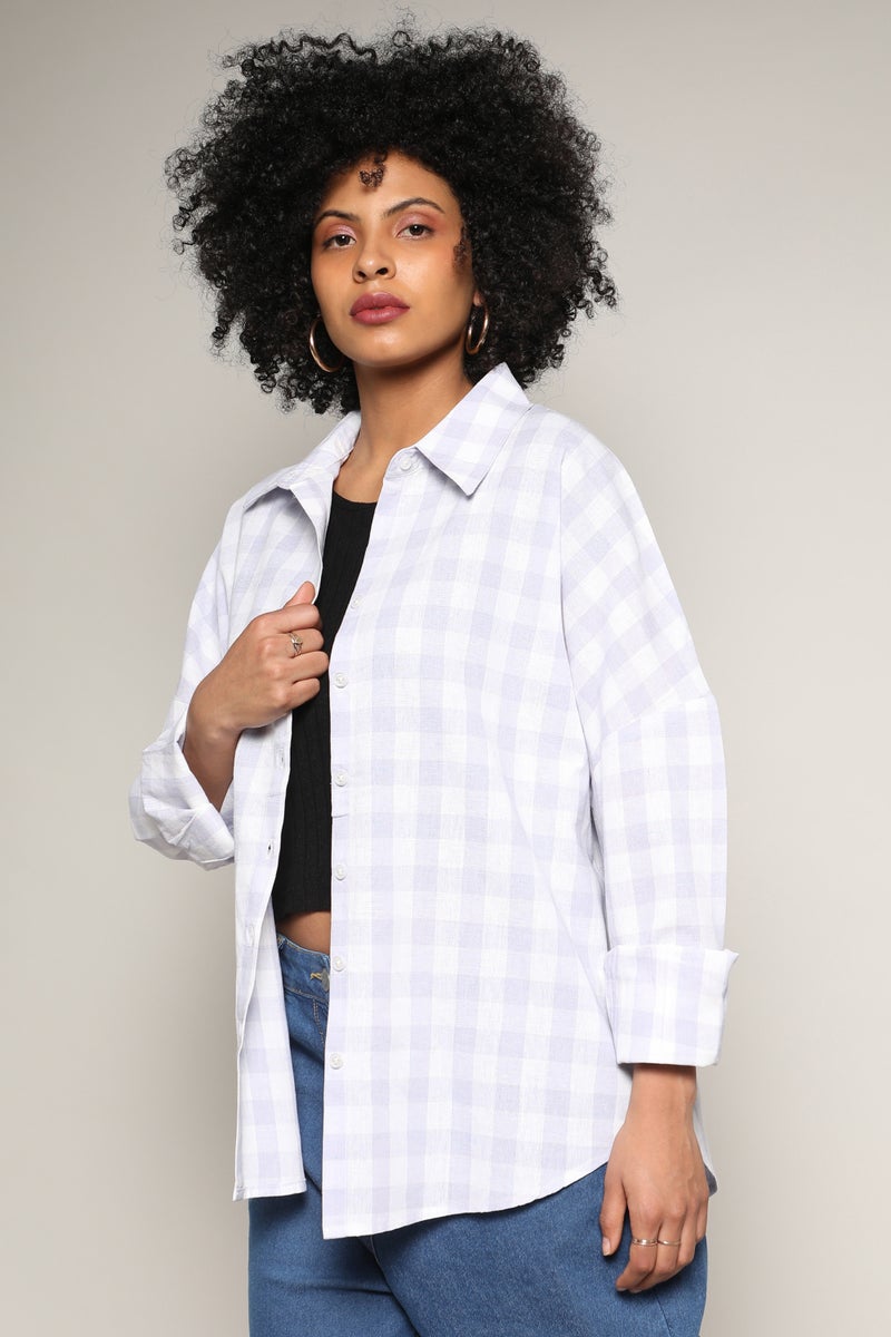 Campus Sutra Women's Lavender Tartan Plaid Boxy Shirt  - Image 3
