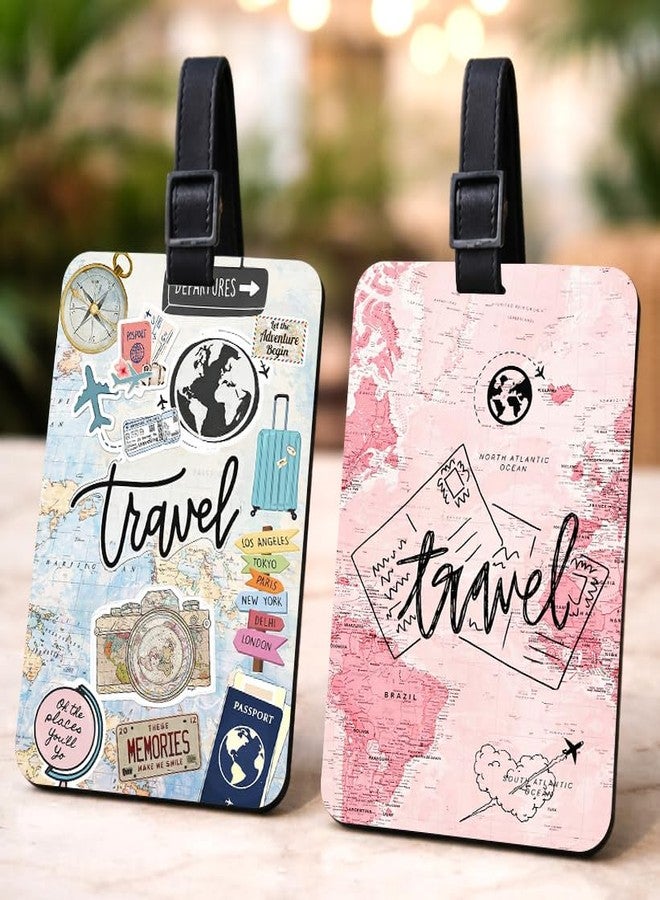 tinywalk Setof 2 Wooden Luggage Tags (7 x 10 Cm), with Strap Travel Bag Tags for Easily Identification of Bags | Reusable Buckle Strap, Travel Bag Tags for Suitcase & Backpack (Design 2) - Image 1
