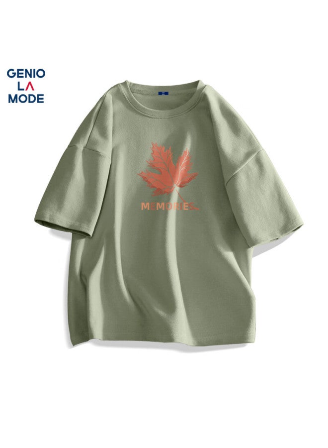 Geniolamode Men's Short Sleeve Casual Pure Cotton Summer Loose Casual Round Neck T-shirt Men's Top Brown Green L - Image 1