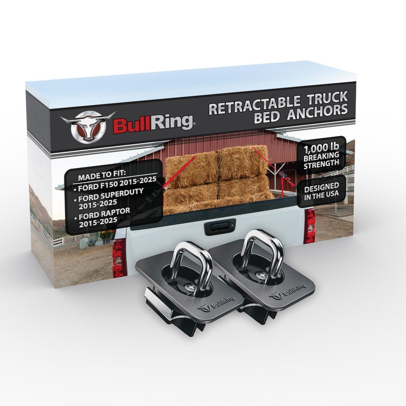 Bull Ring Retractable Truck Bed Tie Down Anchors for Ford F150 2015-25, Super Duty 2017-25, Raptor 2017-25 â€“ Flush Fit, Easy Install, (2 Pack) - Image 1