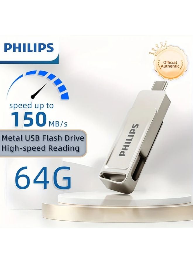 64GB Metal USB 3 2 Flash Drive 150MB s Read Speed 2 in 1 OTG Type C Thumb Drive - Image 1