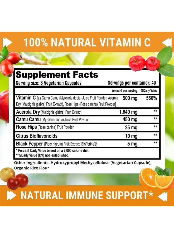 FRESH HEALTHCARE Natural Vitamin C - 100% From Rose Hips, Acerola Cherry And Camu Camu Superfruit 500Mg - High Absorption - Immune Support, Skin, Joint And Collagen Booster With Citrus Biflavanoids - 120 Capsules - Image 4