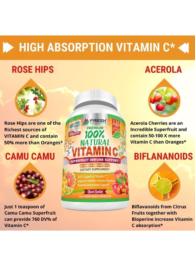 FRESH HEALTHCARE Natural Vitamin C - 100% From Rose Hips, Acerola Cherry And Camu Camu Superfruit 500Mg - High Absorption - Immune Support, Skin, Joint And Collagen Booster With Citrus Biflavanoids - 120 Capsules - Image 5