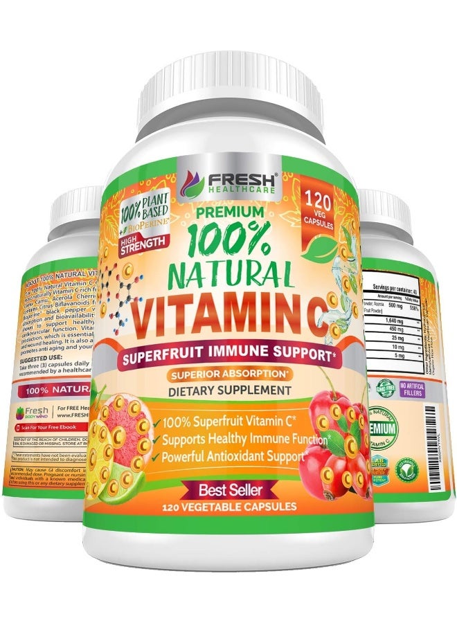 FRESH HEALTHCARE Natural Vitamin C - 100% From Rose Hips, Acerola Cherry And Camu Camu Superfruit 500Mg - High Absorption - Immune Support, Skin, Joint And Collagen Booster With Citrus Biflavanoids - 120 Capsules - Image 1