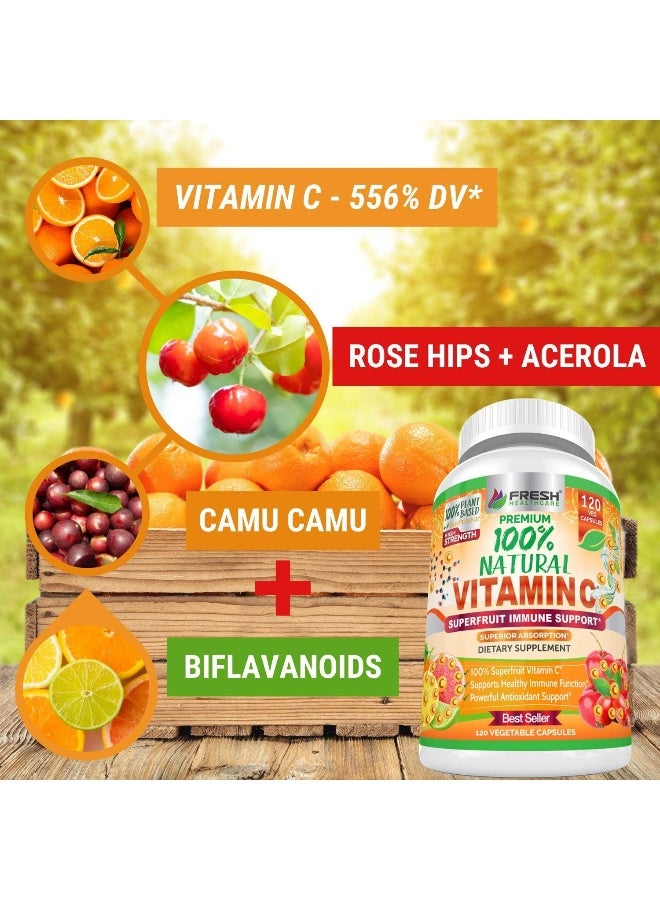 FRESH HEALTHCARE Natural Vitamin C - 100% From Rose Hips, Acerola Cherry And Camu Camu Superfruit 500Mg - High Absorption - Immune Support, Skin, Joint And Collagen Booster With Citrus Biflavanoids - 120 Capsules - Image 3