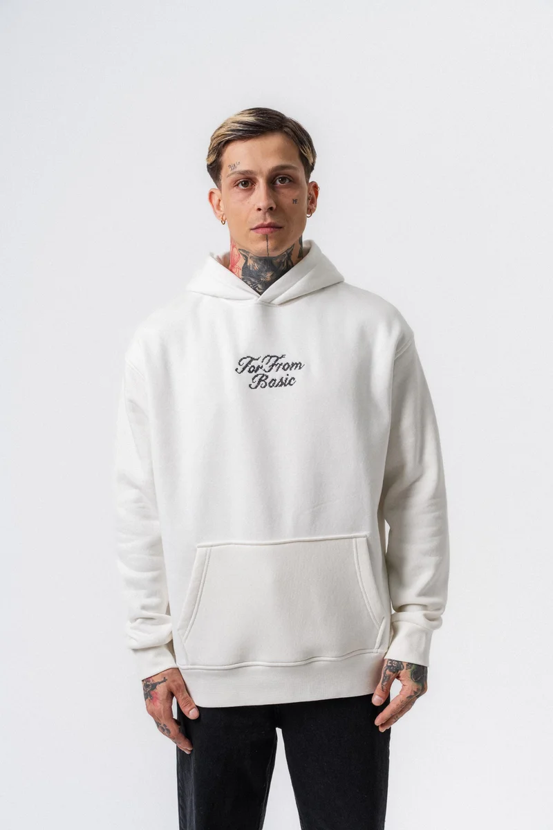 RESPIRE Men's Far From Basic Embroidered Hooded Oversize Hoodie Ecru
