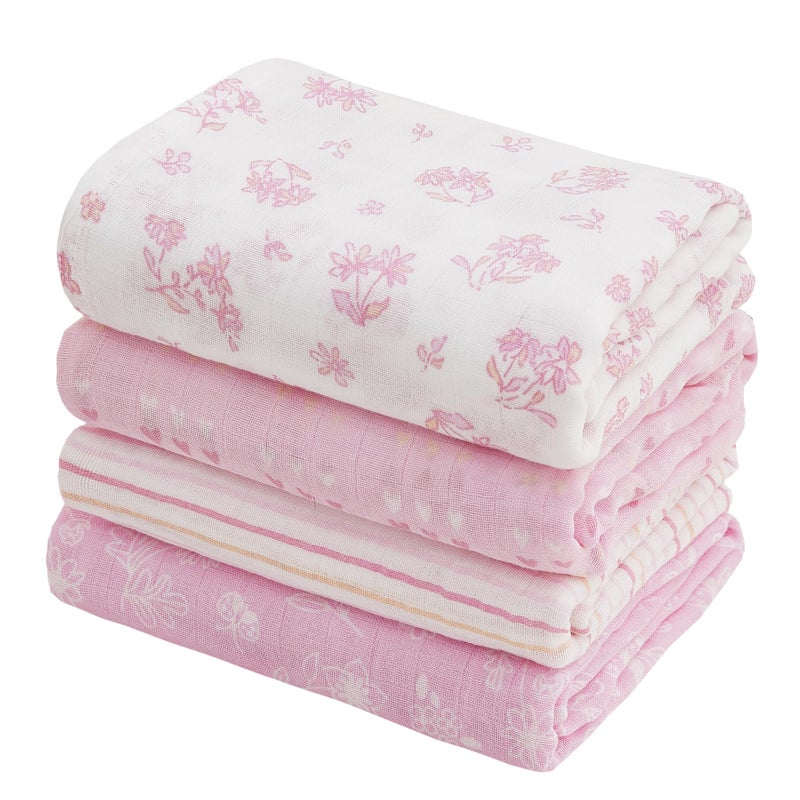 Viviland Muslin Swaddle Blankets Swaddle Wrap for Boys and Girls Breathable and SkinFriendly Baby Receiving Blankets Baby Essentials 4Pack Flowers Heart 47 x 47 inches - Image 2