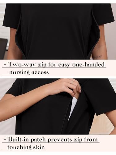 Ecavus Women's Oversized Nursing Shirts for Breastfeeding with Hidden Zipper Short Sleeves Side Splits Maternity Tops Black - Image 3
