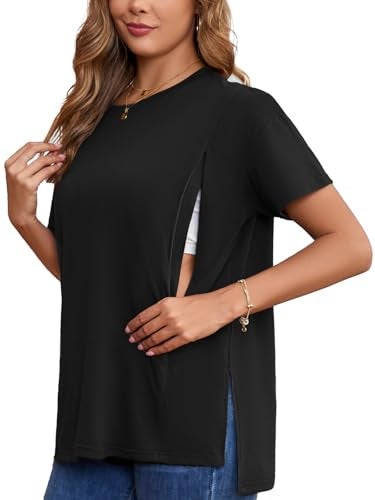 Ecavus Women's Oversized Nursing Shirts for Breastfeeding with Hidden Zipper Short Sleeves Side Splits Maternity Tops Black - Image 1
