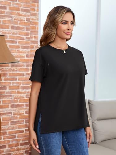 Ecavus Women's Oversized Nursing Shirts for Breastfeeding with Hidden Zipper Short Sleeves Side Splits Maternity Tops Black - Image 5