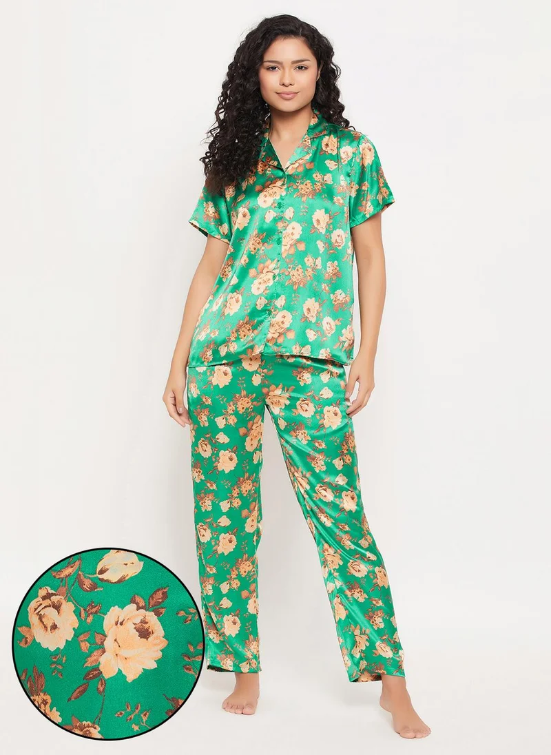 Clovia Clovia Pretty Florals Button Down Shirt & Pyjama Set in Sea Green - Satin