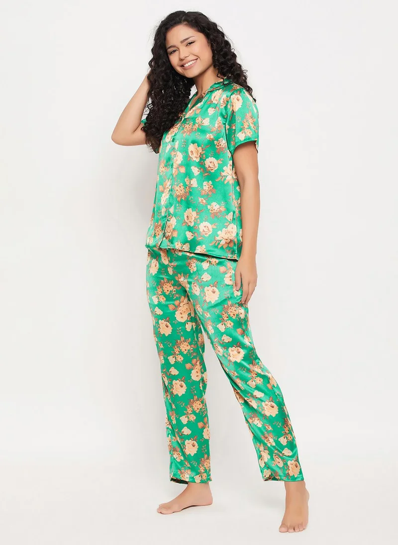 Clovia Clovia Pretty Florals Button Down Shirt & Pyjama Set in Sea Green - Satin