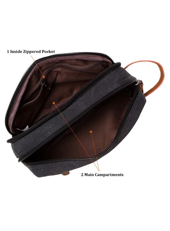 Men's Canvas Leather Travel Toiletry Bag, Black Dopp Kit with Double Compartments, 9.5x4x5.5 Inch - Image 4
