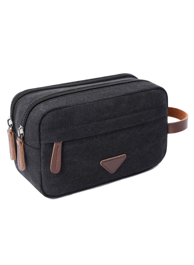 Men's Canvas Leather Travel Toiletry Bag, Black Dopp Kit with Double Compartments, 9.5x4x5.5 Inch - Image 1
