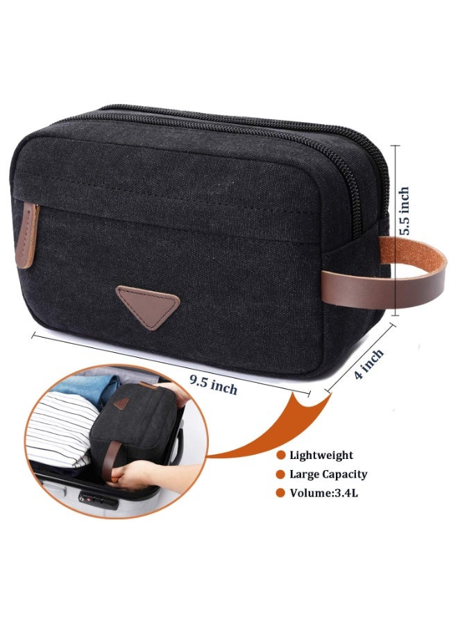 Men's Canvas Leather Travel Toiletry Bag, Black Dopp Kit with Double Compartments, 9.5x4x5.5 Inch - Image 3
