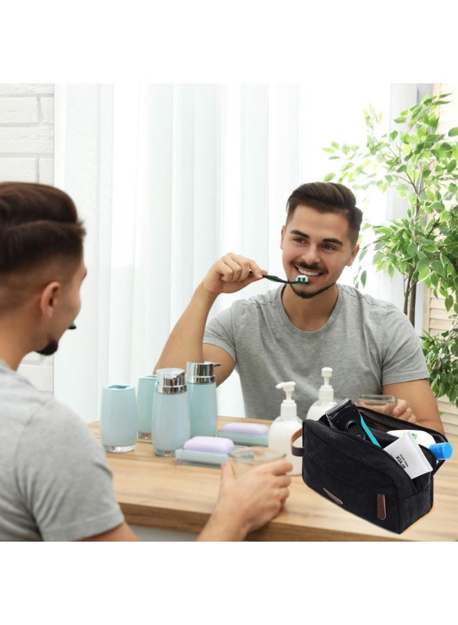 Men's Canvas Leather Travel Toiletry Bag, Black Dopp Kit with Double Compartments, 9.5x4x5.5 Inch - Image 2