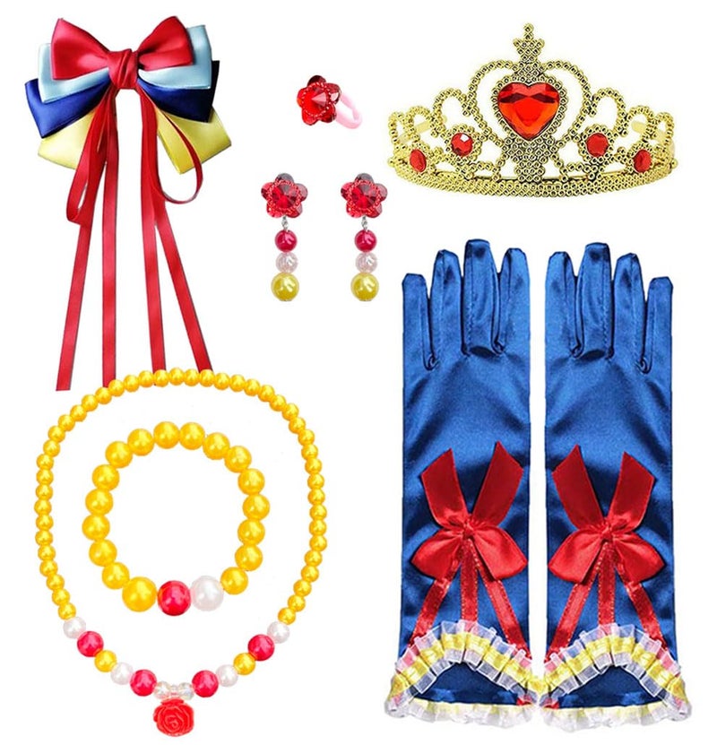 Yosbabe Princess Snow White Dress up Accessories for Girls Princess Belle Snow White Party Favors Gifts Set Including Crown Scepter Wand Necklace Gloves Red Bow Headband - Image 1