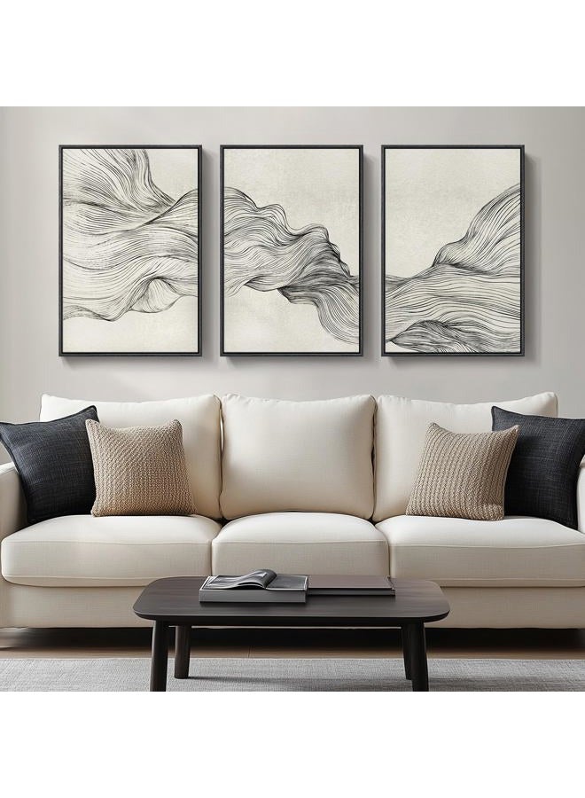 Cuspin Large Framed Neutral Modern Abstract Wall Art, 3 Piece Black and Beige Canvas Prints Paintings Artwork for Walls, Minimalist Line Pictures for Living Room Hallway Office Wall Decor -Total 30x60 Inch - Image 1