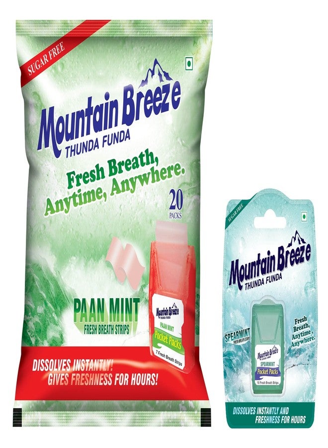 Mountain Breeze Mouth Freshner Sugar-Free Paan Fresh Breath Strips (7Strips each) Pack of 20 with Extra Spearmint(24 Strips each) Pack of 1 - Image 1
