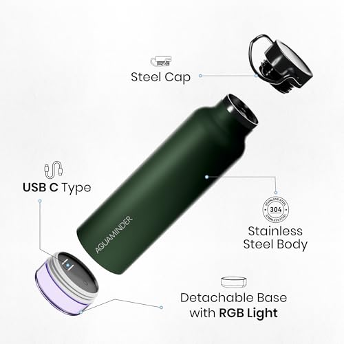 Aquaminder Smart Water Bottle | RGB LED Glow & Timer Hydration Reminder with BT Mobile Phone Connection, Thames with App 600 ML (Olive Green) - Image 4
